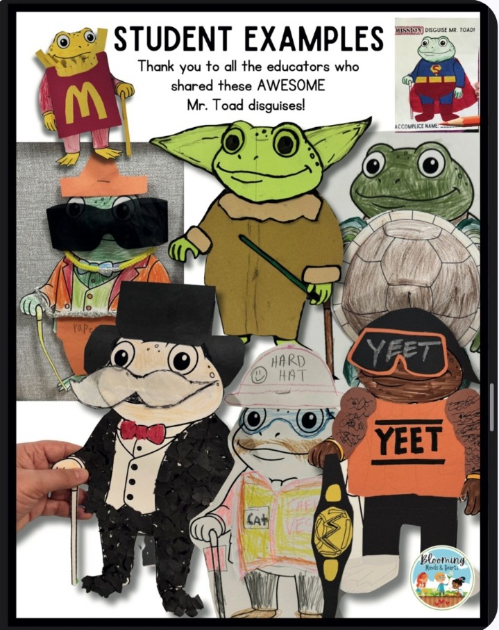 Collage of student-made Mr. Toad disguise crafts shared by teachers